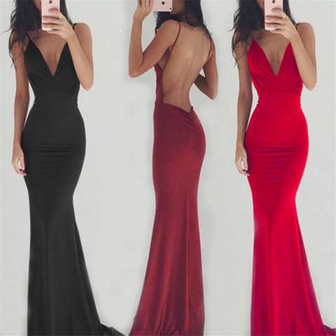 Women Party Long Dress Sheer Spaghetti Straps Sleeveless V-Neck Sexy Backless Elegant Maxi Chic Floor-Length Evening Ball Gown ► Photo 1/6