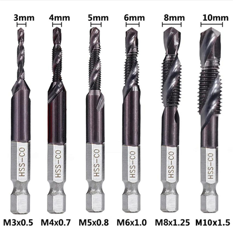 6pcs M3-M10 Combination Drill Tap Bit Set 1/4 Inch Hex HSS-Co Cobalt Industrial TiALN Coated Deburr Countersink Drill Bits ► Photo 1/4