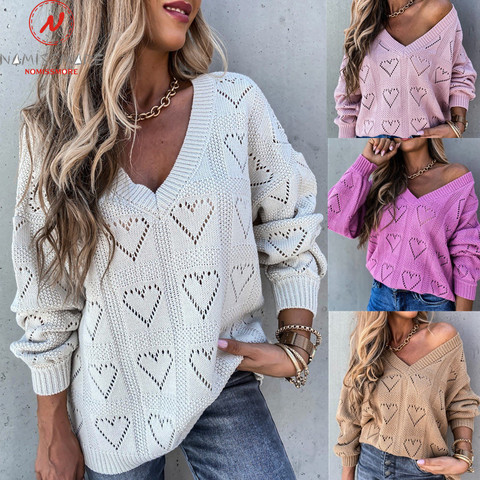 Fashion Women Solid Color Sweaters Heart Shaped Hollow Out Design See Through V-Neck Long Sleeve Casual Loose Pullovers Top ► Photo 1/6