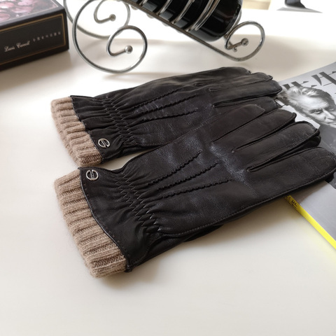 High-End Real Leather Gloves Male Keep Warm Imported Lambskin Cashmere Knitted Lined Motorcycle Gloves Man Autumn Winter EM006WR ► Photo 1/6
