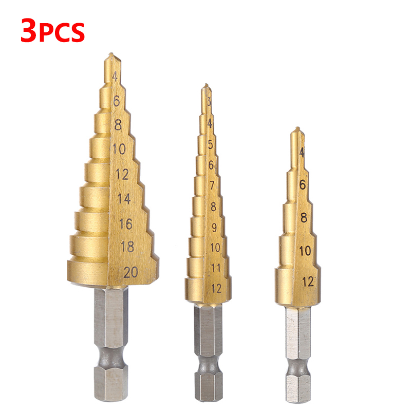 3Pcs 4-12/20mm 3-12mm HSS Steel Step Cone Titanium Coated Drill Bit Hole Cutter