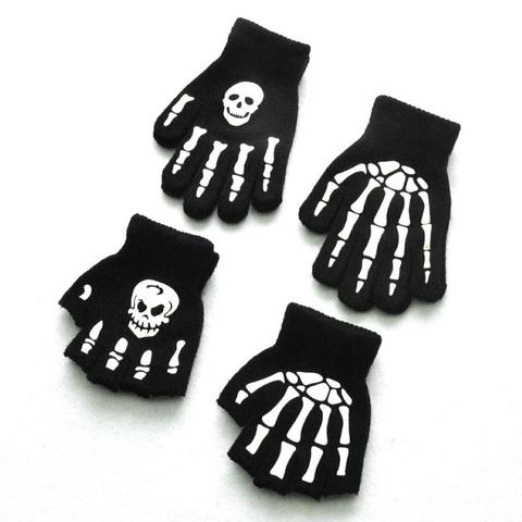 WARMOM Boys Cool Fluorescent Skeleton Gloves Children Mittens Skull Gloves Fashion Cool Winter Black Knitting Luminous Gloves ► Photo 1/6