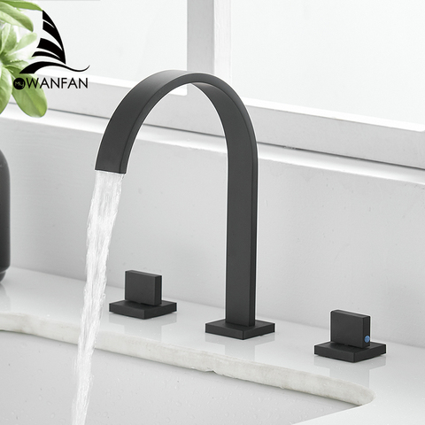 Basin Faucets Brass Polished Black Deck Mounted Square Bathroom Sink Faucets 3 Hole Double Handle Hot And Cold Water Tap LT-109R ► Photo 1/6