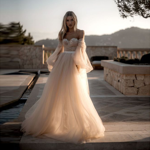 Sweetheart Ivory Color Appliques Pleats Bubble Sleeve Tulle A Line Boho Wedding Dresses 2022 vestidos de novia ► Photo 1/6