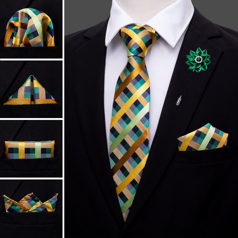 Yellow Plaid 100% Silk Mens Wedding Tie Crystal Brooches Handkerchief Cufflinks Set Neck Tie For Men Gift Barry.Wang ► Photo 1/5