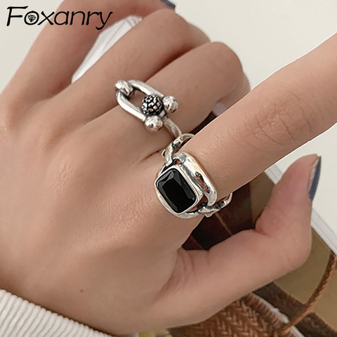 Foxanry 925 Sterling Silver Hiphop Rock Rings for Women Couples New Fashion Creative Hollow Geometric Party Jewelry Gifts ► Photo 1/6