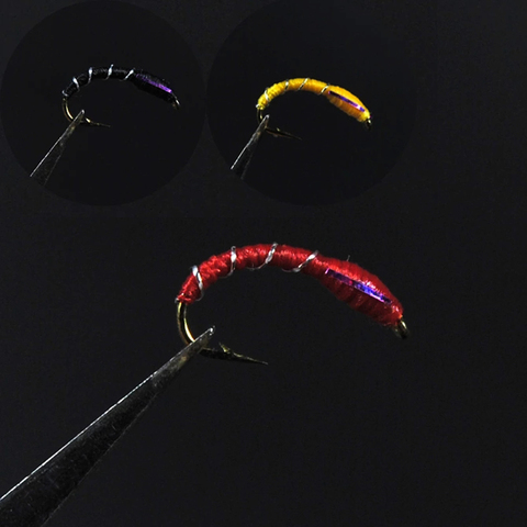 [12PCS] 12# Caddis Larva Chironomid Midge Pupa Buzzer Zebra Nymph Trout Flies Fly fishing Hook Black Red Orange ► Photo 1/5