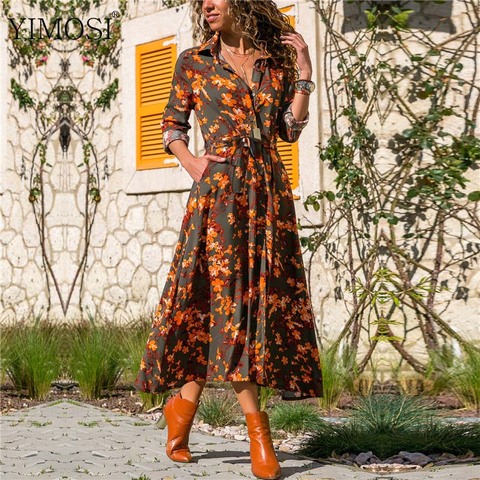 Women Elegant Long Shirt Dress 2022 Autumn Floral Print Long Sleeve Split Dress Casual Chiffon Boho Midi Dresses ► Photo 1/6