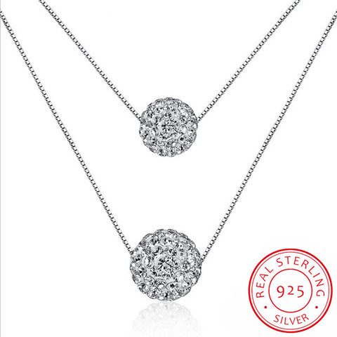 925 Sterling Silver Double Layer Shiny CZ Zirconia Crystal Lucky Ball Pendant Necklace For Women Gift collares de Prata S-N58 ► Photo 1/6