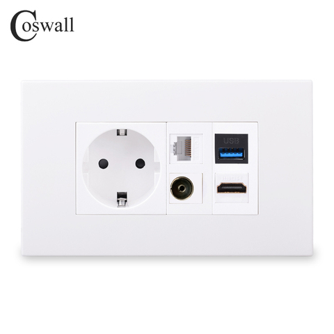 Coswall PC Panel 16A EU Wall Power Socket + TV Outlet & CAT6 RJ45 Internet Jack + Female to Female HDMI 2.0 & USB 3.0 Connector ► Photo 1/1