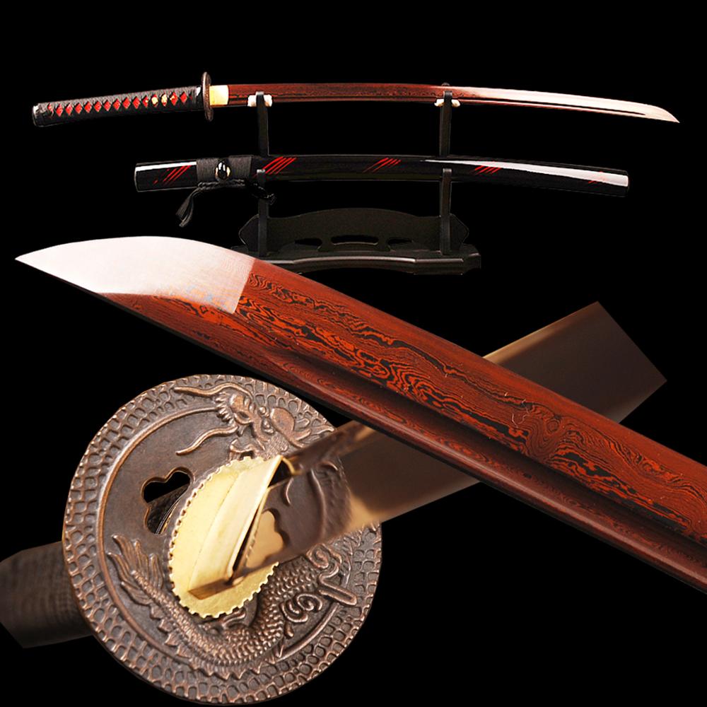 HAND FORGED RED DAMASCUS FOLDED STEEL JAPANESE SAMURAI KATANA REAL SWORD CUTTING 