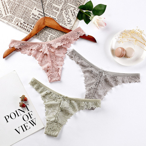 3Pcs/Lot Sexy Lace Thong Low Waist Lace Transparent Panties Women Hollow out Breathable G String Briefs Bow Underwear Lingerie ► Photo 1/6