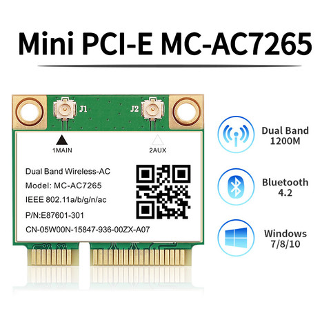 Wireless 802.11ac Dual Band 1200Mbps MC-AC7265 Wifi Card Bluetooth 4.2 Half Mini PCI-E 2.4G 5Ghz Wlan Adapter Laptop Antenna ► Photo 1/6