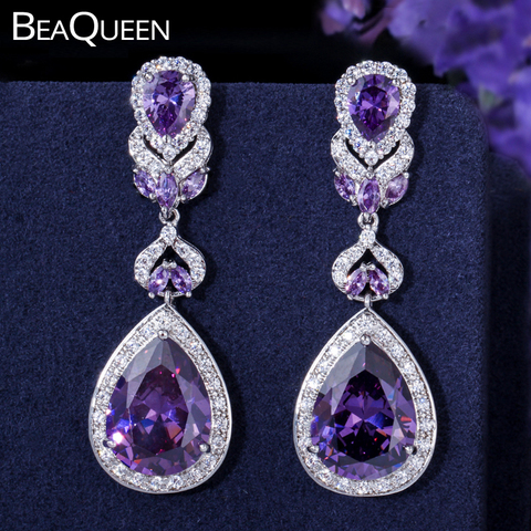 BeaQueen European American Luxury Purple Crystal Earrings Pear Cut Long Drop Women Wedding Earring with Cubic Zirconia E024 ► Photo 1/6