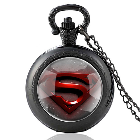 Cool Black Super Hero Symbol Glass Cabochon Quartz Pocket Watch Vintage Men Women  Pendant Necklace Chain Clock ► Photo 1/6