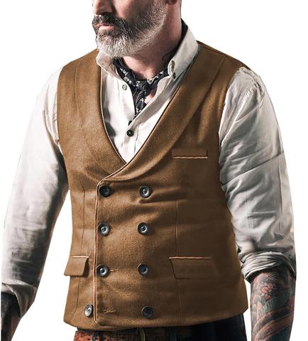 Mens Suit Brown Vest Lapel Neck Wool Waistcoat Casual Formal Double-breasted Business Slim Fit Vest Groomman For Wedding ► Photo 1/6