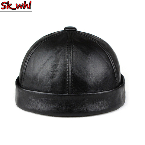 2022 Men Real Cowhide Leather Hats Fashion Landlord Hat Men Street Trendy Hip-hop Hat Caps Brimless Melon Cap Beanies For Men ► Photo 1/1