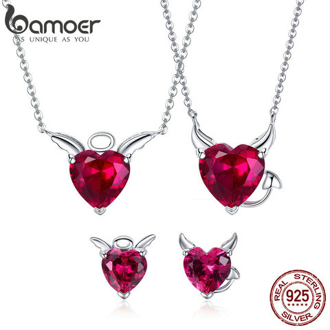 BAMOER Authentic 925 Sterling Silver Red CZ Evil And Angel Pendant Necklace Earrings Jewelry Set Sterling Silver Jewelry ZH067 ► Photo 1/6