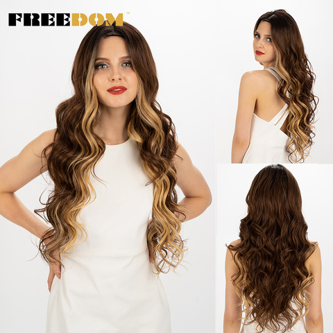 FREEDOM 13x4 Lace Front Wig Synthetic Wigs For Black Women 30 inch Long Natural Wavy Ombre Blond Rainbow Color Cosplay Wigs ► Photo 1/6