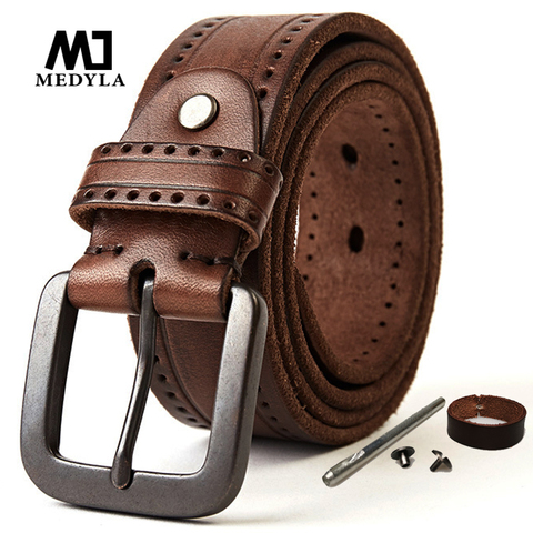 MEDYLA Natural Leather Belt Men's Hard Metal Matte Buckle Men's Original Leather Belt 100-150cm Jeans Belt Screw Accessories ► Photo 1/6