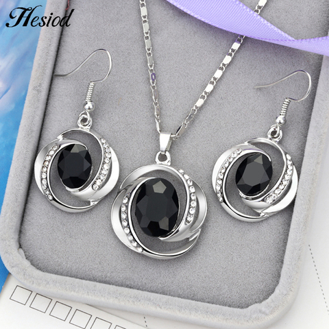 Exquisite Silver Color Bridal Jewelry Set Austrian Crystal Black Zircon Geometry Pendant Necklace Earring For Woman Jewelry Gift ► Photo 1/6