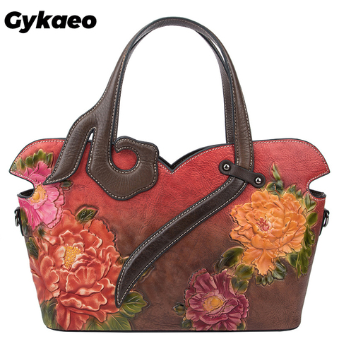 Gykaeo 2022 European and American Style Women's Floral Genuine Leather Bags Women Cowhide Tote Bag Ladies Shopping Shoulder Bags ► Photo 1/6