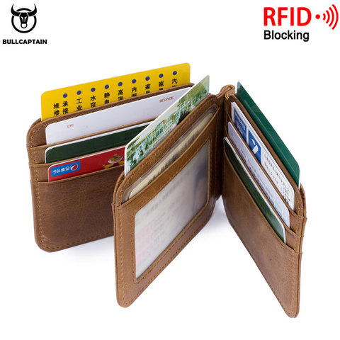 BULLCAPTAIN Leather tir-flod ID/Credit Card Holder Front Pocket Wallet with RFID Blocking Bifold Business leather month clips ► Photo 1/6