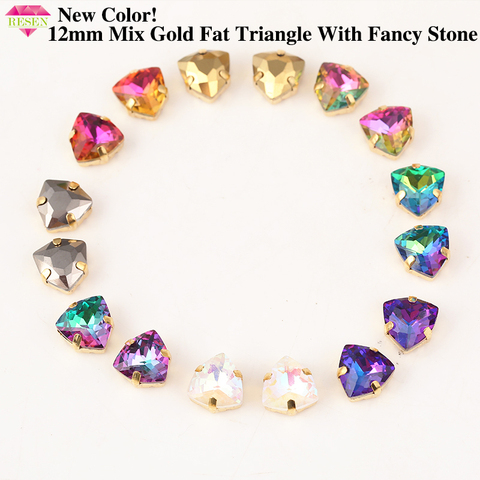 RESEN New Mix Color 12mm Glass Fat Triangular Stone With Gold Claw Crystal Sew On Rhinestone With Holes DIY Clothing Accessories ► Photo 1/6