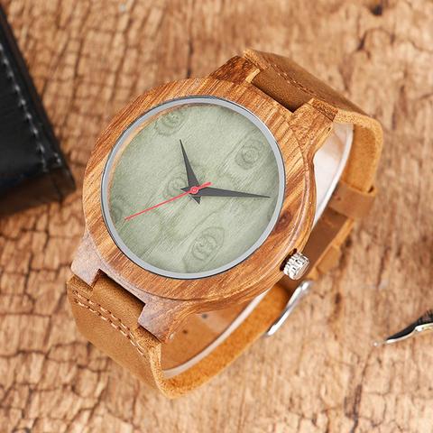 2022 Top Gift Black / Coffee / Green Dial Natural Bamboo Wood Watch Men Women Genuine Leather Wooden Clock Male hour ► Photo 1/6