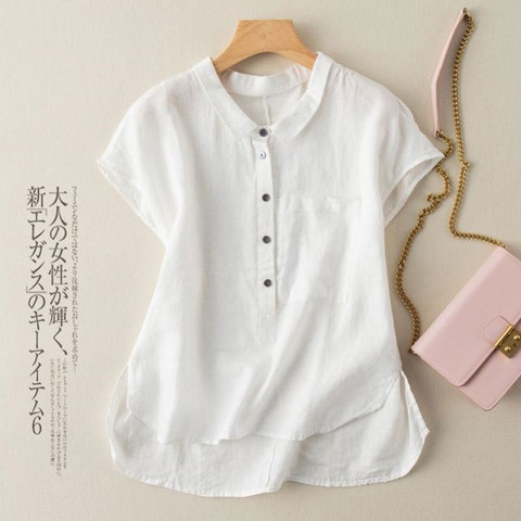 Cotton and linen casual shirt women's fashion summer 2022 new Korean style design short front and long slit loose blouse ► Photo 1/6