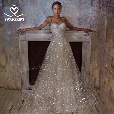 Shiny Sleeveless Wedding Dress 2022 Crystal Belt With Pockets Vestido De Novia Princess SwanSarah GY104 Plus Size Bridal Gown ► Photo 1/6
