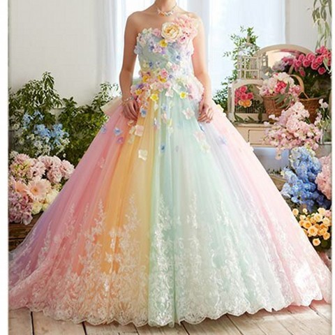 Pretty Colorful Rainbow Tutu Prom Dresses 3D Flower Lace Puffy Ball Gowns Vestido Formatura Abiye Ruffles Evening Gowns ► Photo 1/6