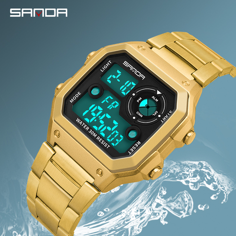 SANDA Stainless Steel Sports Men's Watches Gold Digital Watches Men Fashion Waterproof Count Down Clock Relogio Masculino 408 ► Photo 1/6