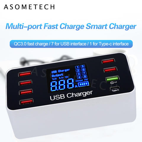 8 Ports Fast Charging USB Charger QC3.0 Quick Charge Type C Smart Charger Station LCD Digital Display USB Multi-port for Phone ► Photo 1/6