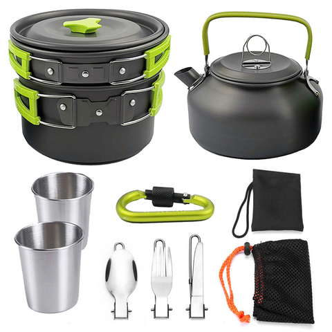 Camping Tableware Set Outdoor Cookware with Water Kettle Frying Pan Camping Pot Cutlery Kitchen Equipment for BBQ Hiking Picnic ► Photo 1/5
