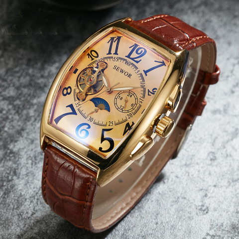 SEWOR Fashion Luxury Gold Watch Men Mon Phase Tourbillon Watches Small Seconds Automatic Mechanical Wristwatches Reloj Hombre ► Photo 1/6