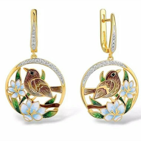 New Fashion Exquisite Cloisonne Gold Bird Flowers Jewelry Ms. Engagement Wedding Banquet Gift Earrings ► Photo 1/1