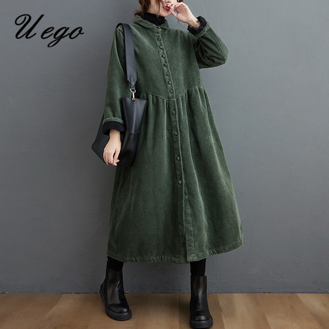 Uego Corduroy Thicken Fleece Warm Winter Coats Single Breasted Long Women Clothes Outwear Casual Coats Female Vintage Coats ► Photo 1/1