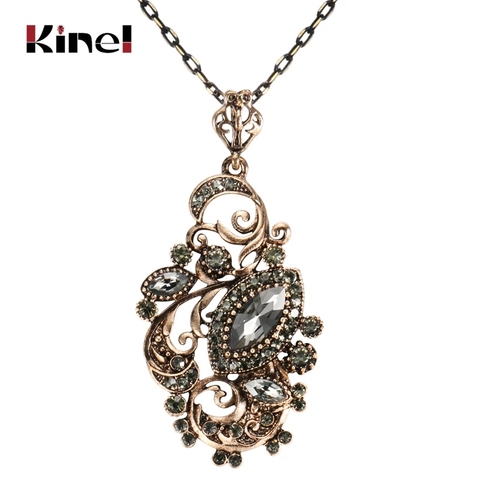 Kinel Charm Grey Crystal Flower Necklace For Women Antique Gold Resin Long Pendant Necklace Indian Vintage Jewelry Drop Shipping ► Photo 1/6