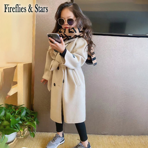 Autumn Winter Girls Blends Baby X Long Coat Kids Brand Outwear Children Clothes Fashion Double Faced Fleece Waistbelt 3 To 14 Yr ► Photo 1/6