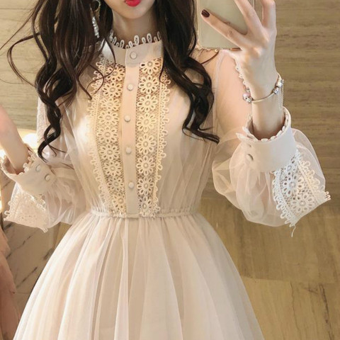 2022 Brand New Stand Collar Long Sleeve Lace Dress Transparent High Waist Layered Cake Dress Sweet Midi Dress Vestidos ► Photo 1/6