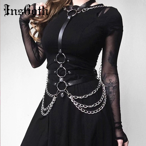 InsGoth Sexy Women Leather Belt Gothic Harajuku Leather Chain Halter Belt Adjustable Bondage Holographic Metal Chain Harness ► Photo 1/5