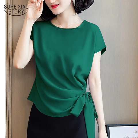 2022 Blusas Mujer De Moda Summer Silk Short-Sleeved Women's Blouse and Tops Office Lady Plus Size Solid Bow Shirts Women 9899 ► Photo 1/6