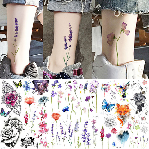 YURAN Ankle Flora Cherry Lavender Flash Fake Waterproof Tattoos Temporary Women Arm Chest Tattoo Stickers Body Art Custom Tatoos ► Photo 1/6