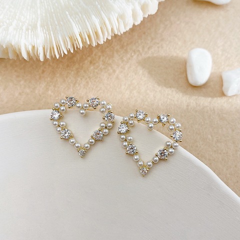 2022 South Korea Small Fresh Sweet Cute Heart Crystal Stud Earrings Temperament Geometric Round Pearl Zircon Earrings Party ► Photo 1/6