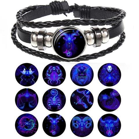 Zodiac Sign Braided  Gemini Cancer Leo Virgo Libra Scorpio 12 Constellation Black Punk Leather Zodiac Bracelet For Men Women ► Photo 1/6