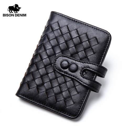 BISON DENIM Cowhide Genuine Leather Credit Card Holder Wallet Men Weaving Design Business Luxury ID Passport Card Wallet  N9313 ► Photo 1/1