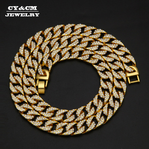 Iced Out Bling 13mm Rhinestone Crystal Gold Silver Color Cuban Link Chain Choker For Women Men Hip hop Necklace Punk Necklaces ► Photo 1/1