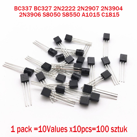 BC337 BC327 2N2222 2N2907 2N3904 2N3906 S8050 S8550 A1015 C1815 10Values x10pcs=100 Transistors set Pack Transistor kit (TO-92) ► Photo 1/2