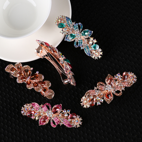 Woman Crystal Barrettes Hair Clips Rhinestone Flower Hairpins Resin Floral Ladies Girl Headwear Ponytail Holder Hair Accessories ► Photo 1/6